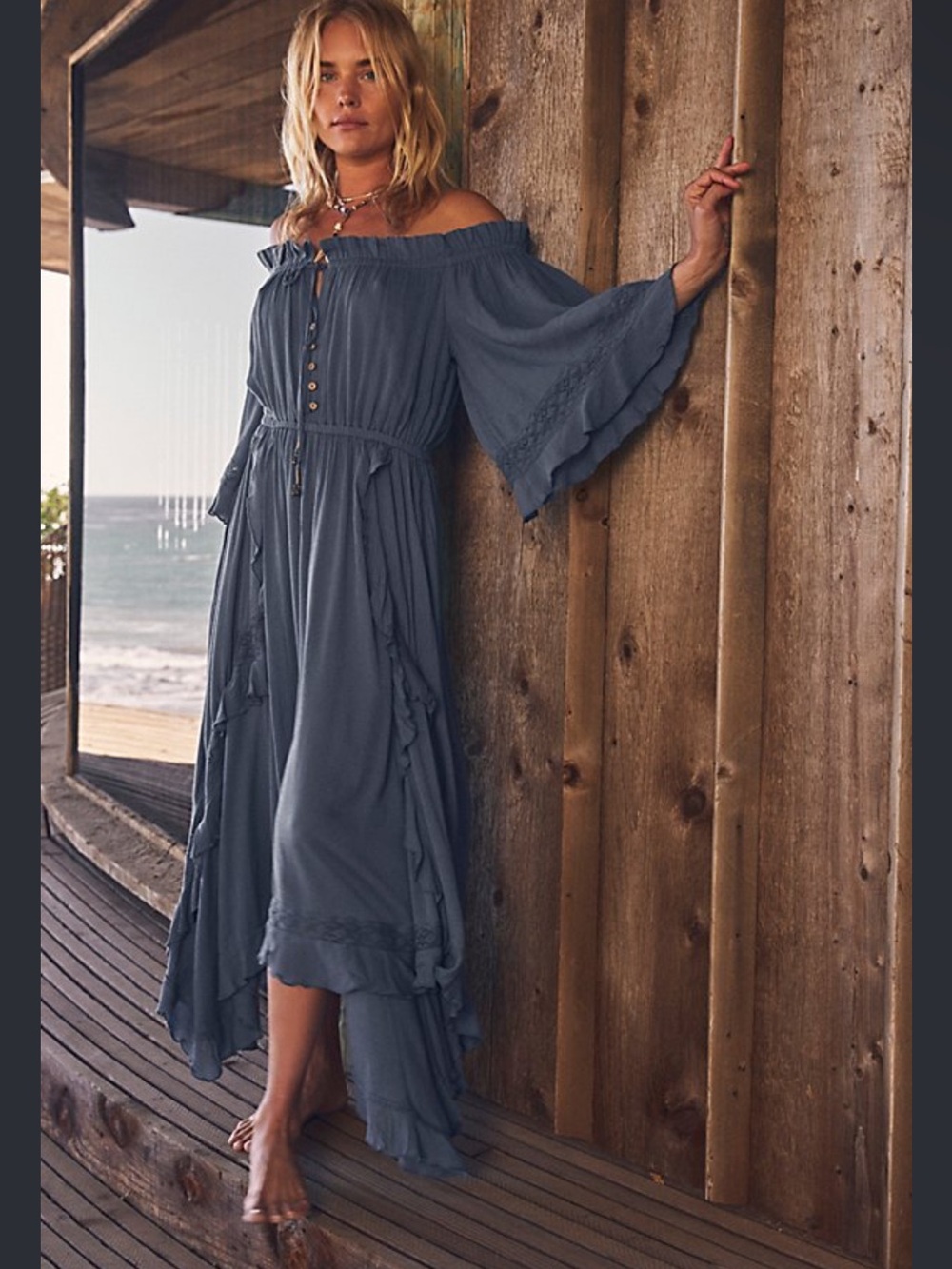 Free People Slate Blue Off-the-Shoulder Maxi Dress